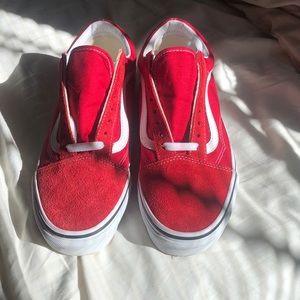 Vans Old Skool red canvas shoes, men’s - 7, women’s -8.5, worn one time.
